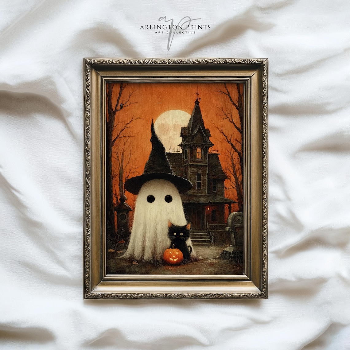 Cute Halloween Ghost Witch Hat Black Cat Pumpkin Haunted House Spooky Art Poster