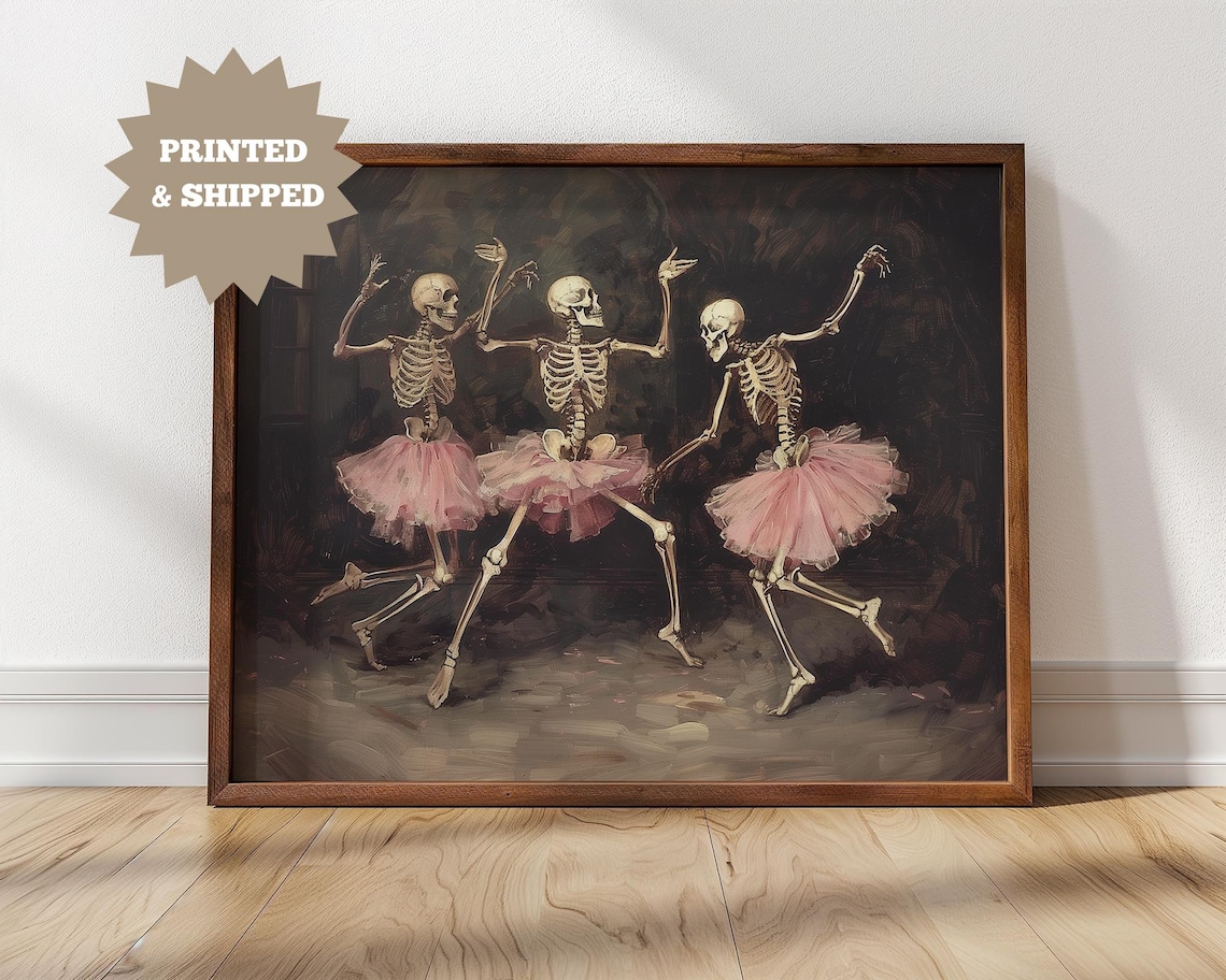 Vintage Girly Pink Halloween Ballerina Skeletons Art Print