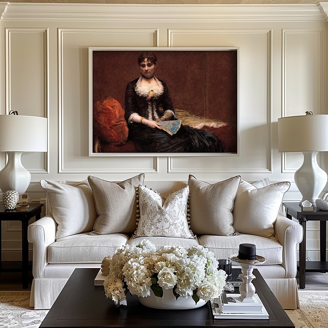 Elegant Victorian Woman Portrait With Fan Moody Oil Painting Poster - Image 3