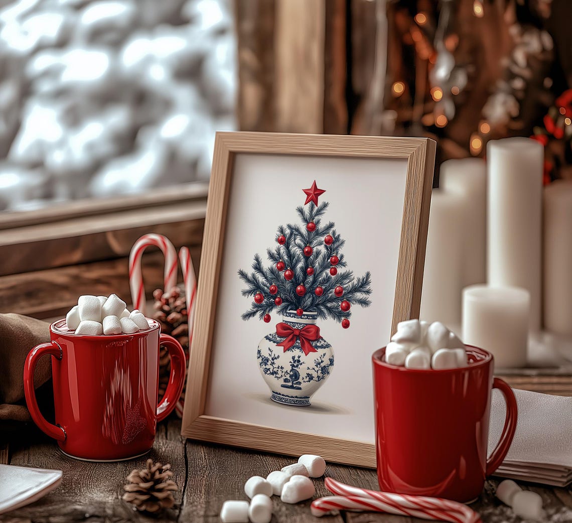 Blue White Porcelain Vase Mini Christmas Tree Red Ornaments Poster - Image 3