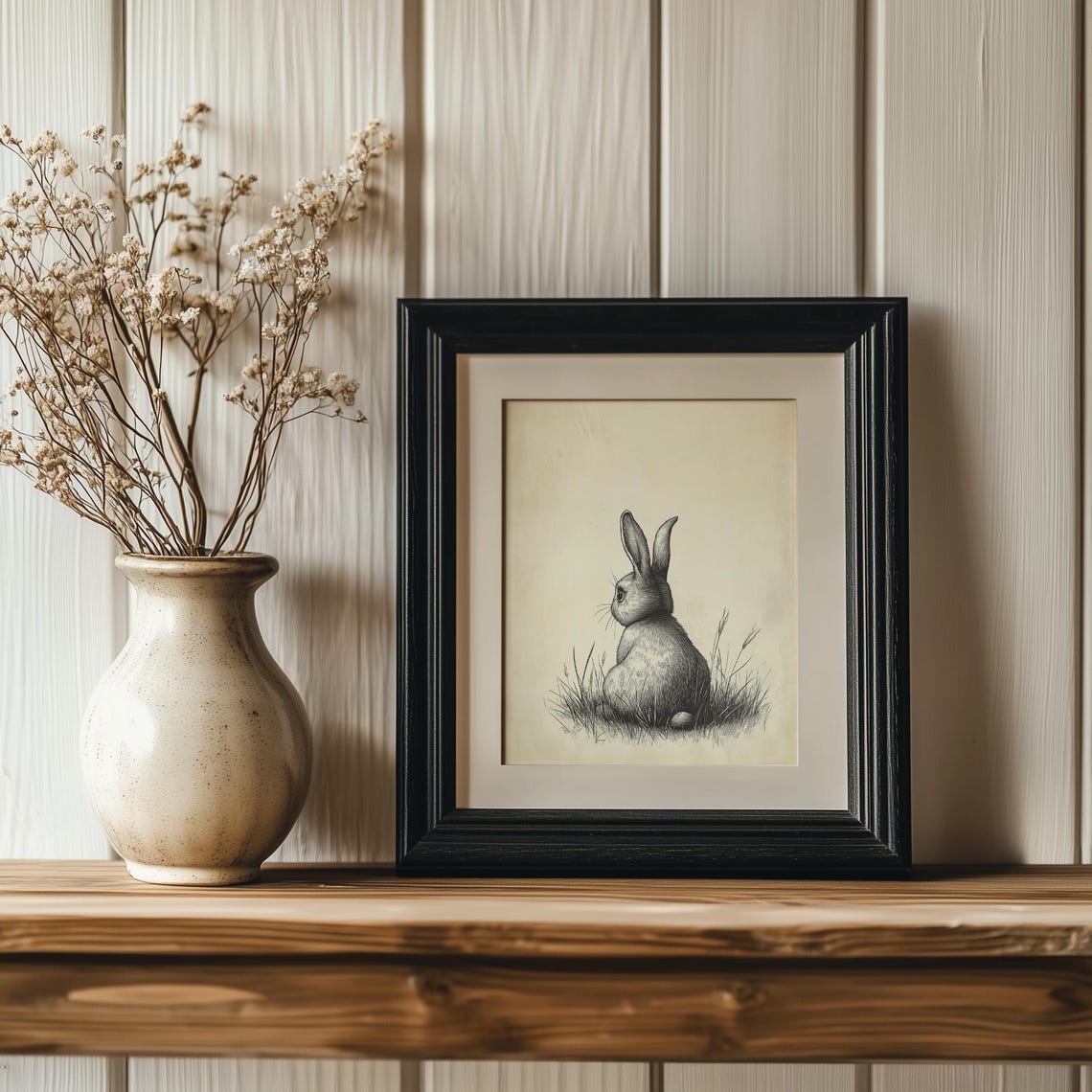 Vintage Rabbit Sketch Sitting in Grass Beige Easter Bunny Art Poster - Image 4