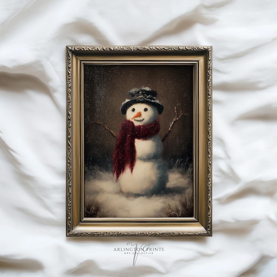 Vintage Snowman Red Scarf Winter Snowy Night Christmas Art Poster
