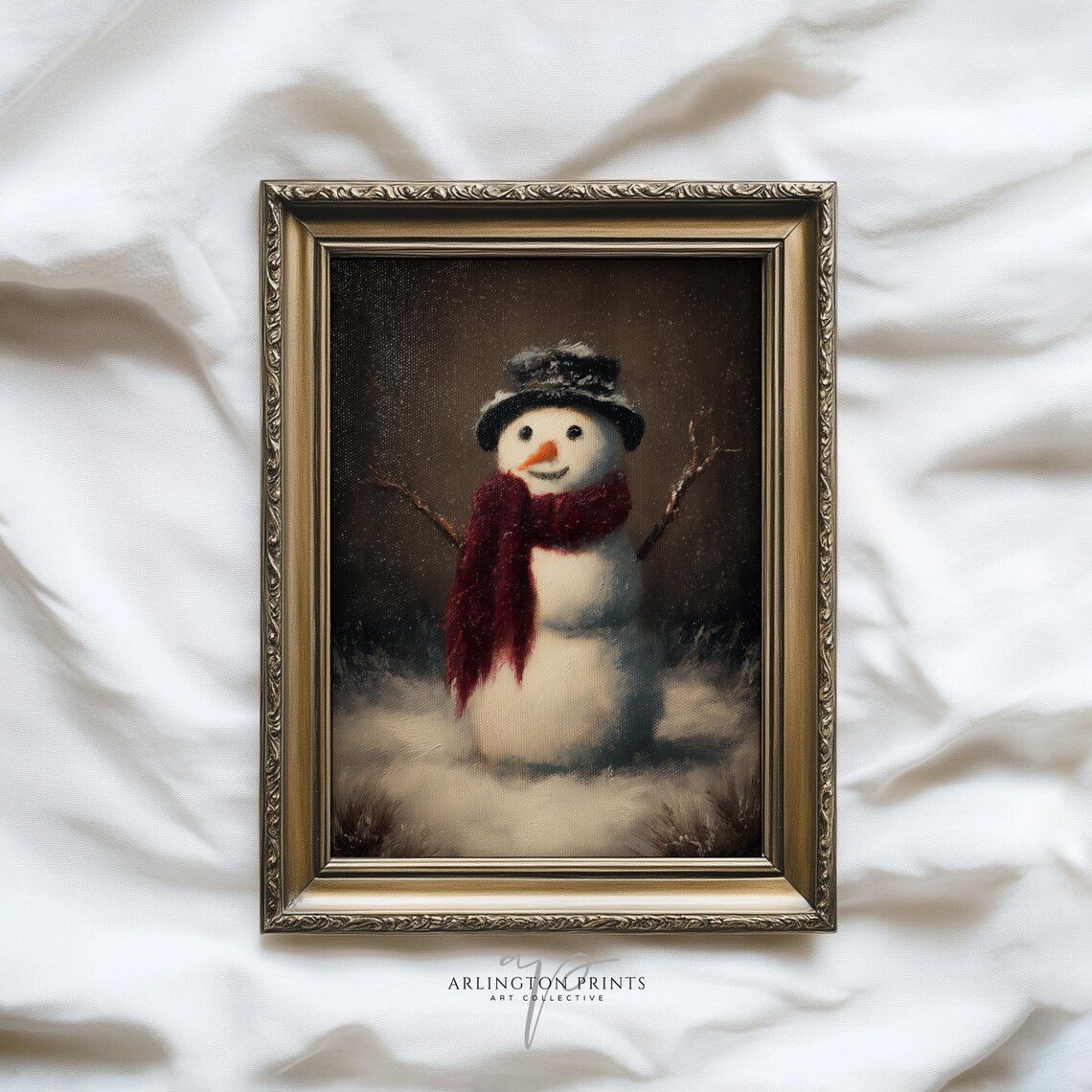 Vintage Snowman Red Scarf Winter Snowy Night Christmas Art Poster