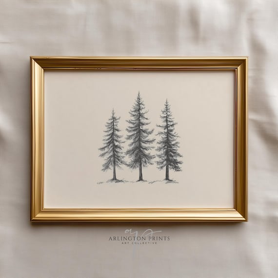 Nordic Three Pine Trees Pencil Sketch Minimalist Nature Poster