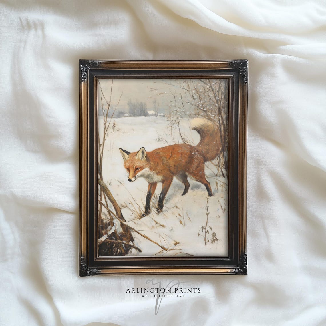 Vintage Winter Fox Print Antique Fox Oil Painting Woodland Nursery Forest Cabin Art Country Farmhouse T894