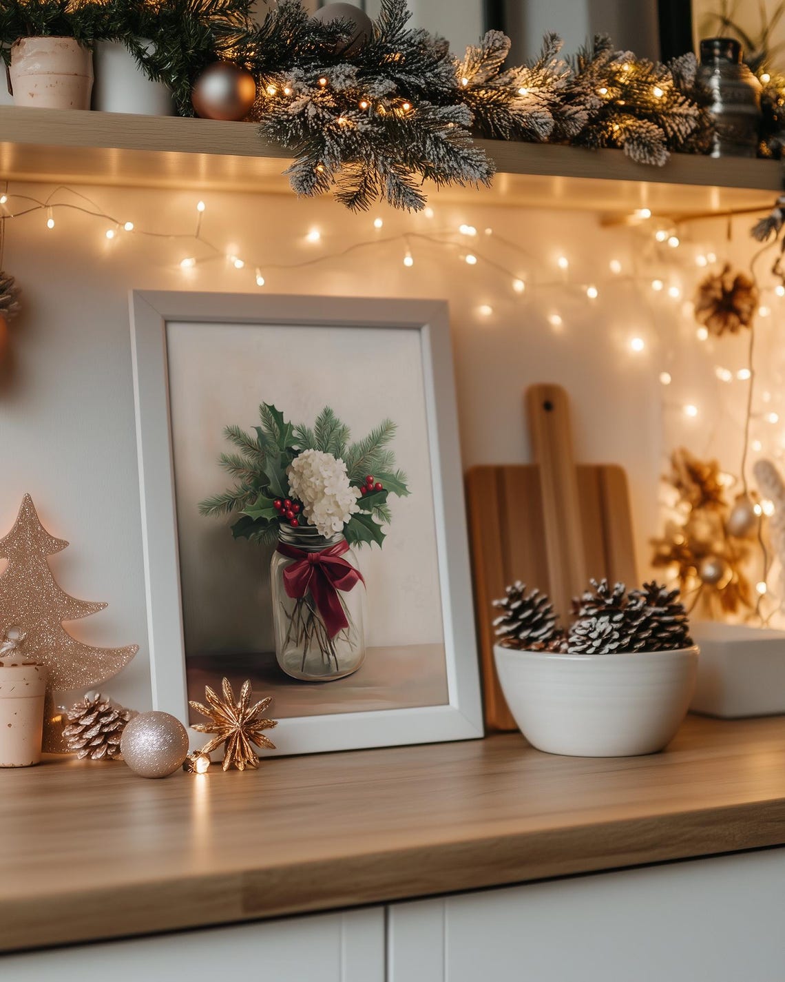 Rustic Mason Jar White Hydrangea Holly Berry Christmas Bouquet Poster - Image 2