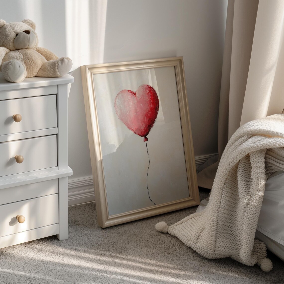 Pink Heart Balloon With String Cream Minimalist Valentine Art Poster - Image 2