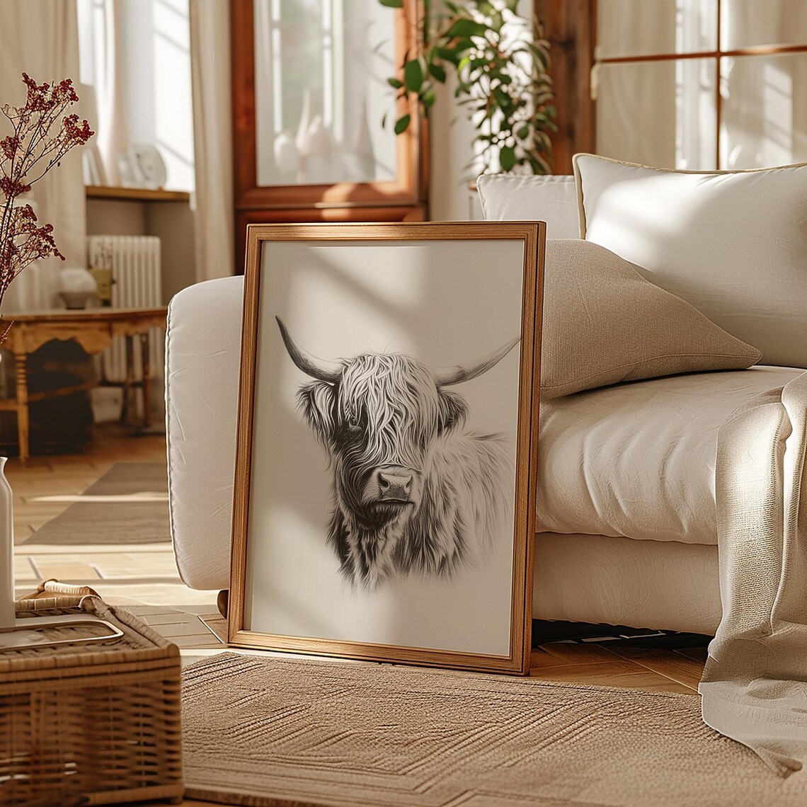 Highland Cow Portrait Pencil Sketch Neutral Farmhouse Poster - Image 3