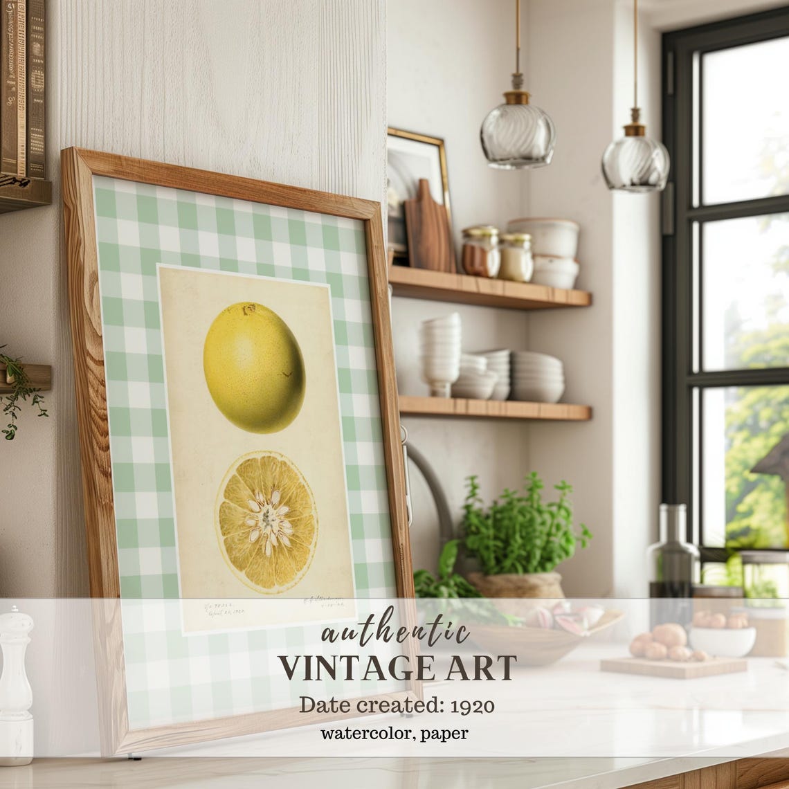 Vintage Grapefruit Botanical Illustration Green Gingham Kitchen Poster - Image 4