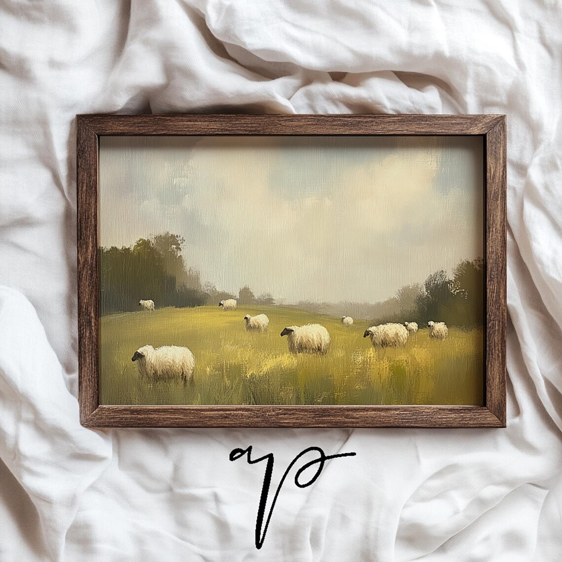 Sheep Grazing Golden Meadow Pastoral Landscape Oil Art Print - Image 2