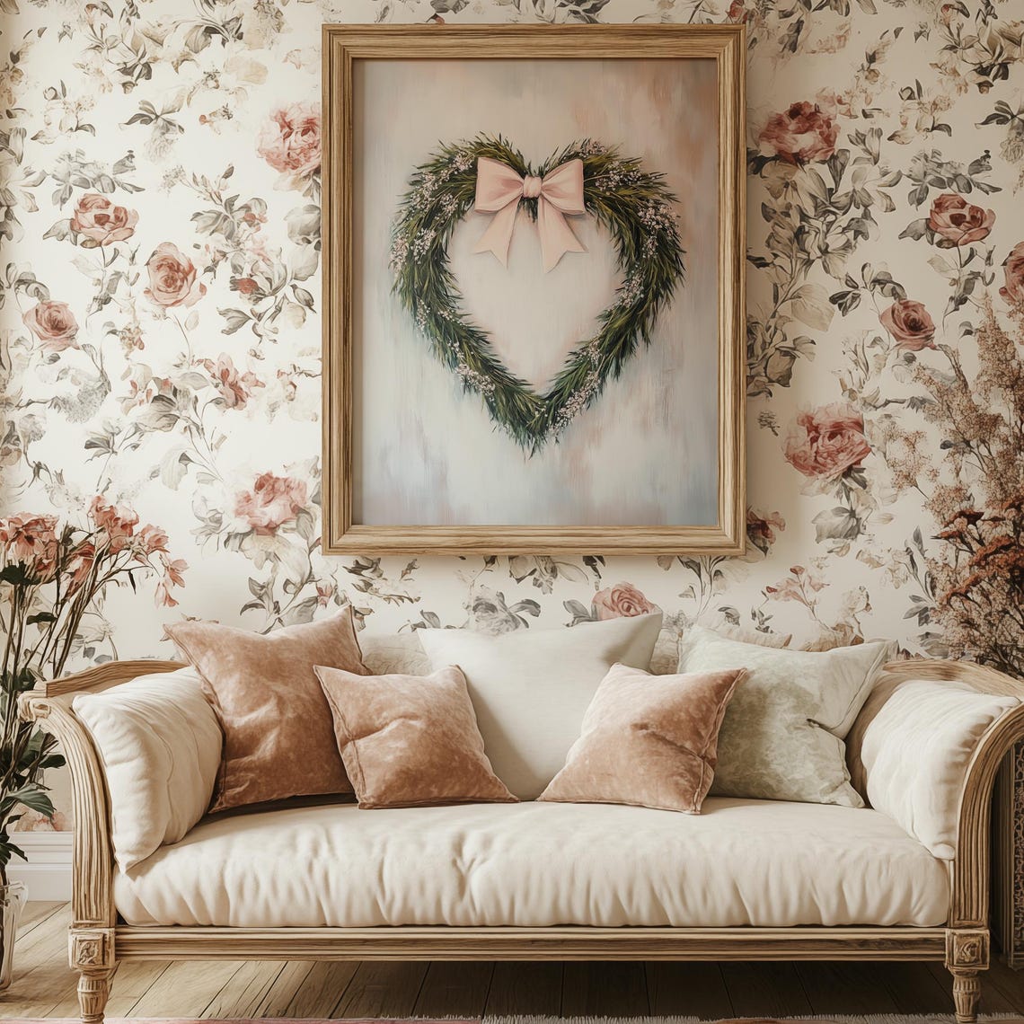 Heart Shaped Greenery Wreath with Blush Pink Bow Romantic Wall Art - Image 3