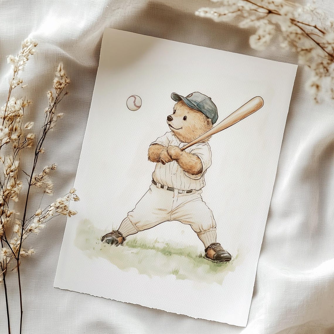 Teddy Bear Baseball Player Swinging Bat Vintage Sports Print - Image 5