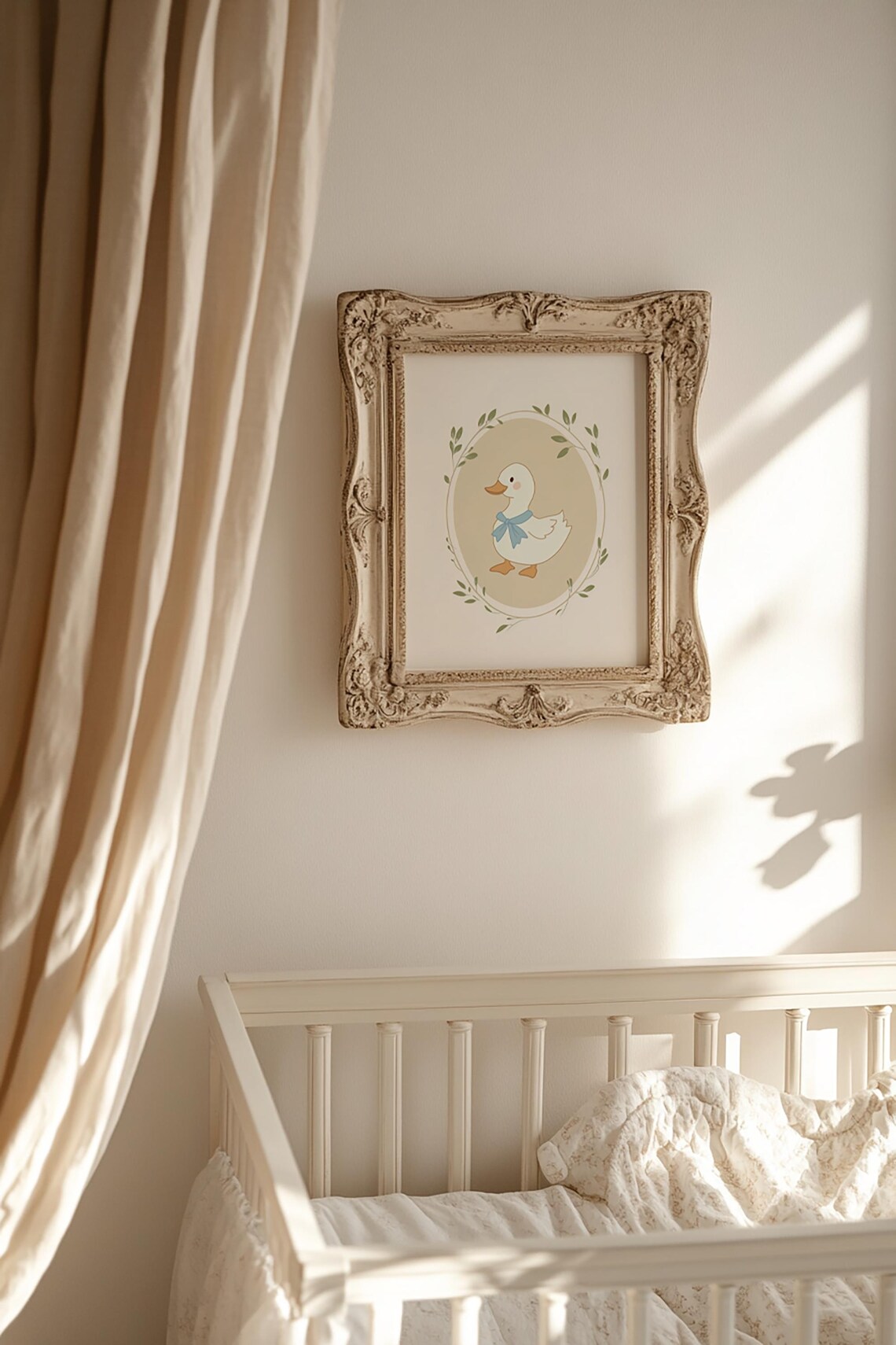 Sweet Baby Duck With Blue Bow Leafy Oval Vintage Nursery Poster - Image 2