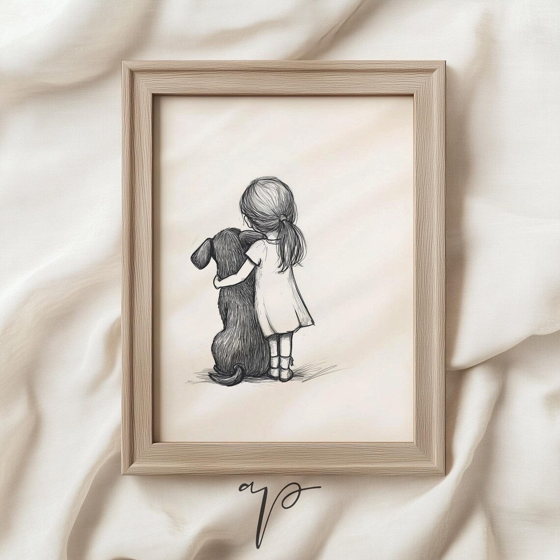 Little Girl Hugging Dog Minimalist Line Sketch Nursery Poster