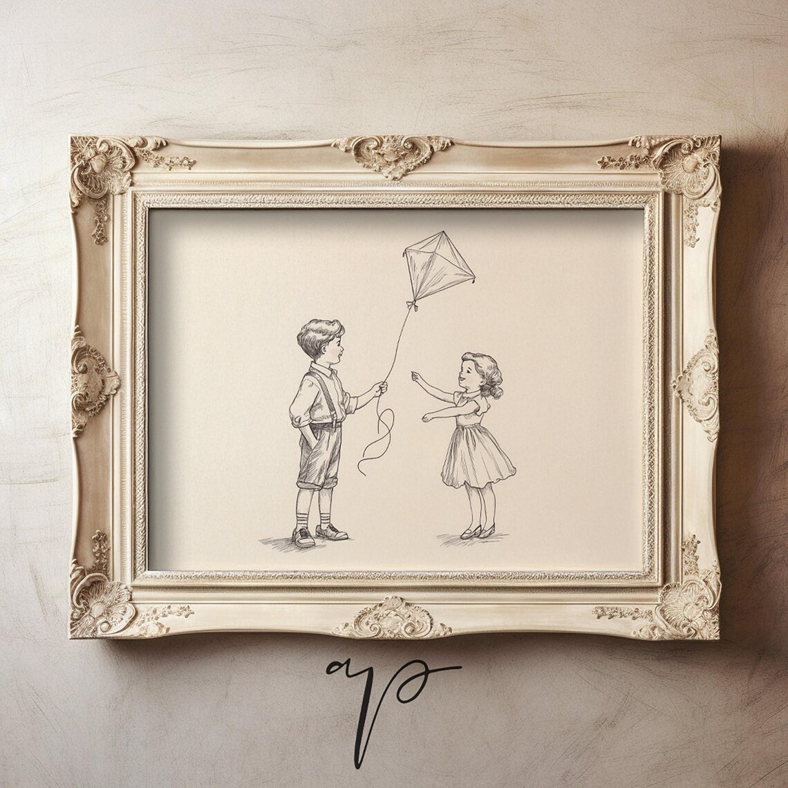 Vintage Children Flying Kite Classic Line Sketch Nursery Poster