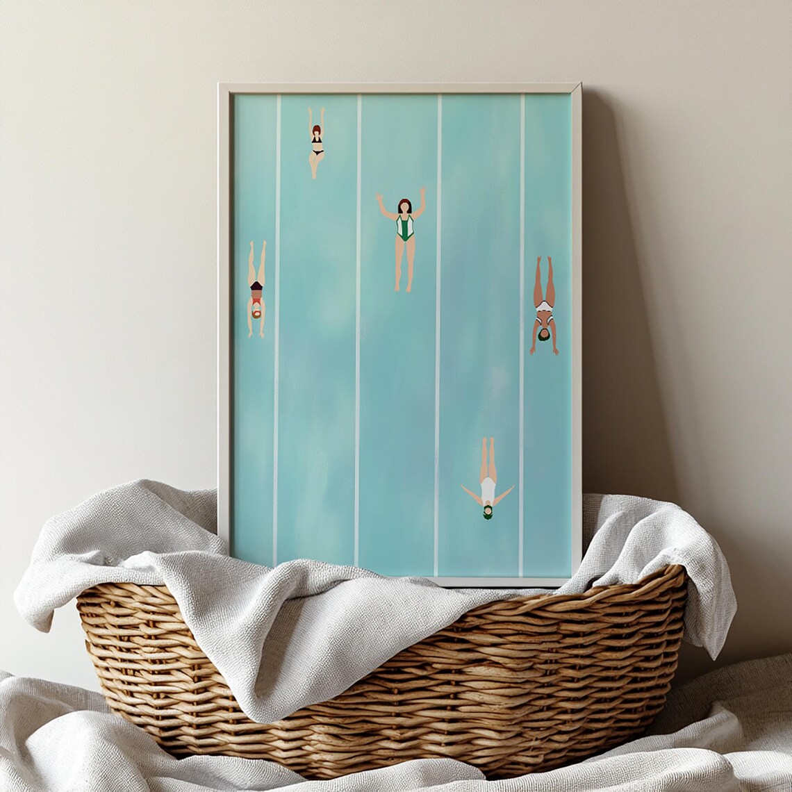 Five Aerial Swimmers in Sky Blue Pool Minimalist Bathroom Decor Poster - Image 5