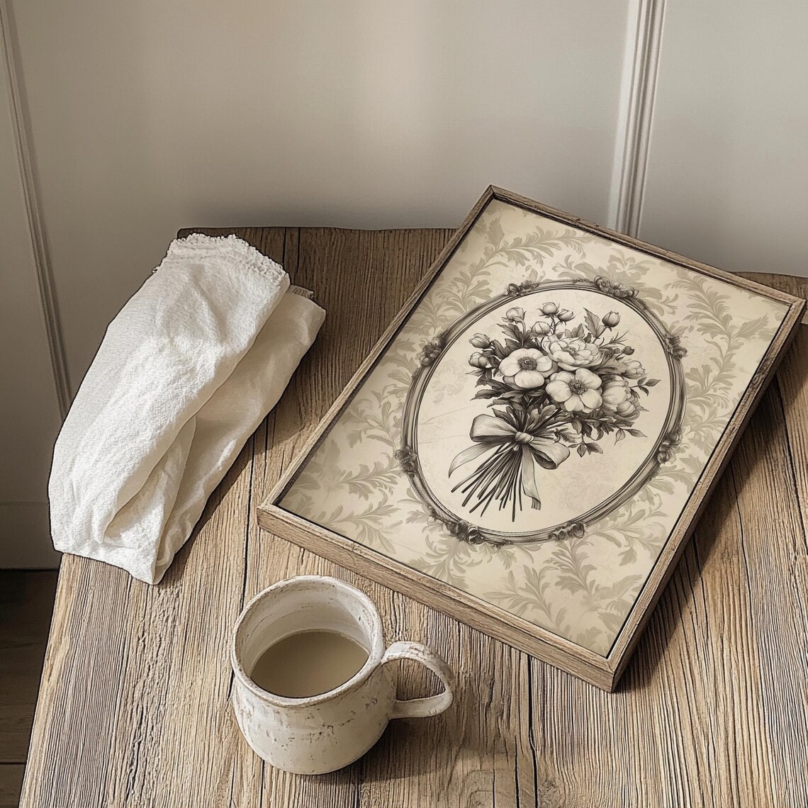 Sepia Floral Bouquet with Bow in Ornate Oval Frame Vintage Print - Image 3