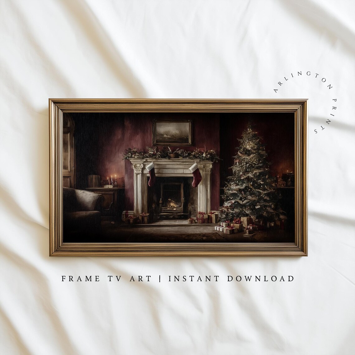 Vintage Christmas Living Room Fireplace Cozy Holiday Frame TV Wall Art
