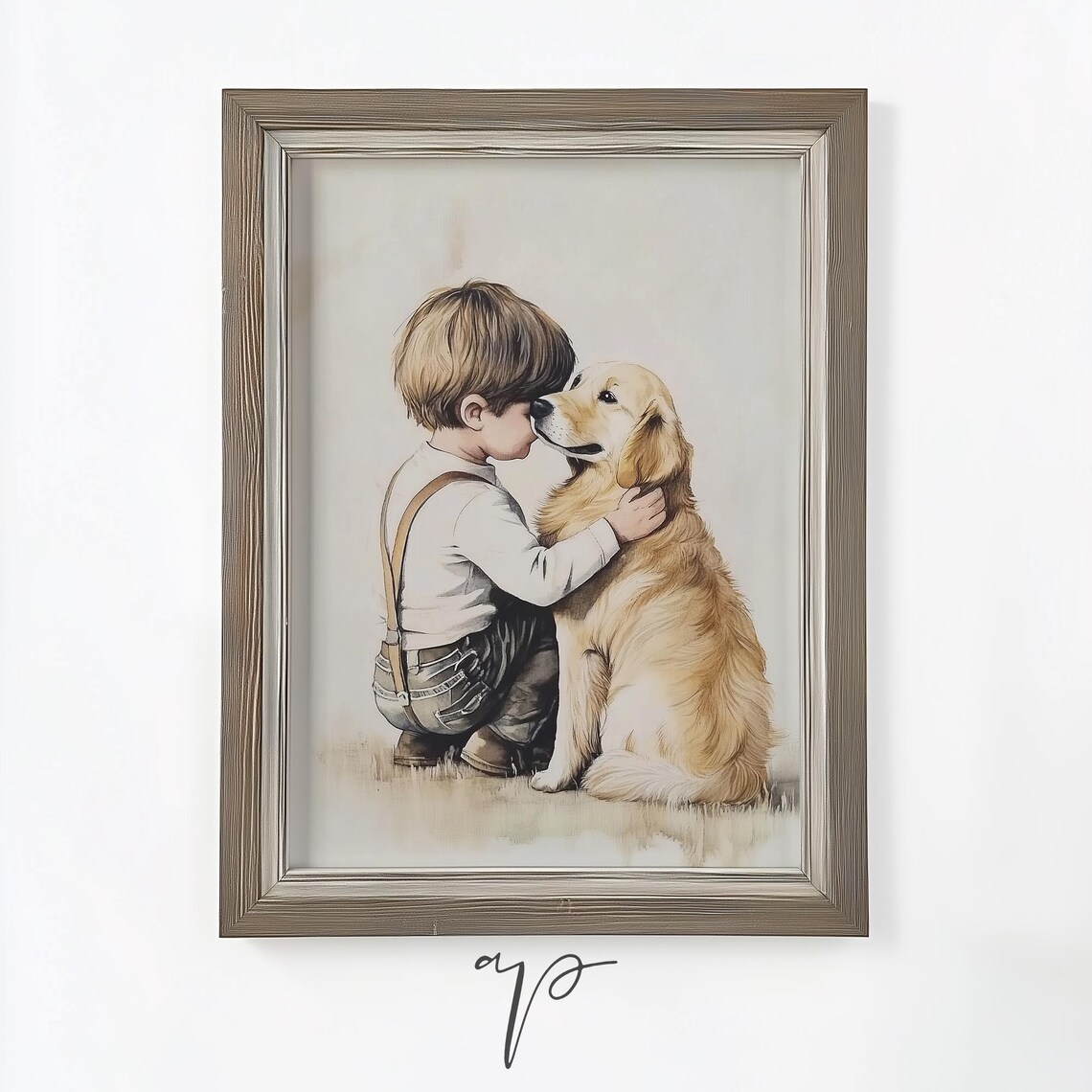 Little Boy and Golden Retriever Sharing Sweet Moment Nursery Poster