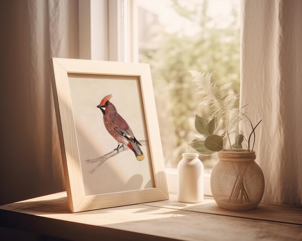 Red Crested Songbird on Bare Branch Neutral Watercolor Art Poster - Image 2