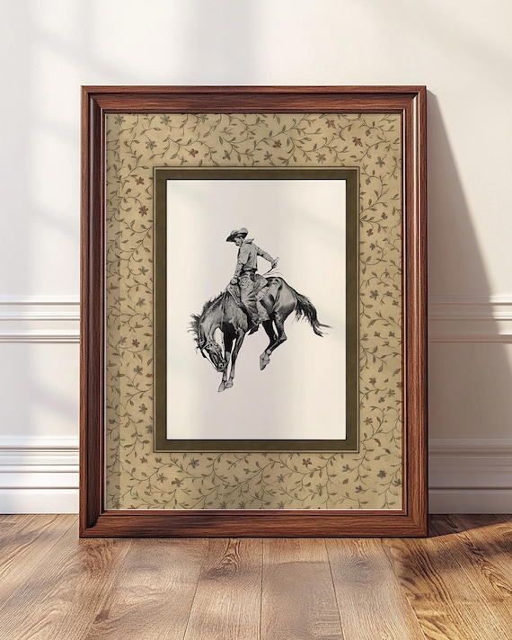 Cowboy Bucking Bronco Art Print, Retro Rodeo Sketch