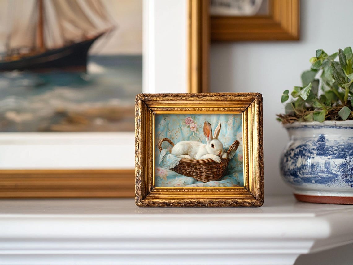 White Easter Bunny Resting in a Wicker Basket on Floral Fabric Poster - Image 3