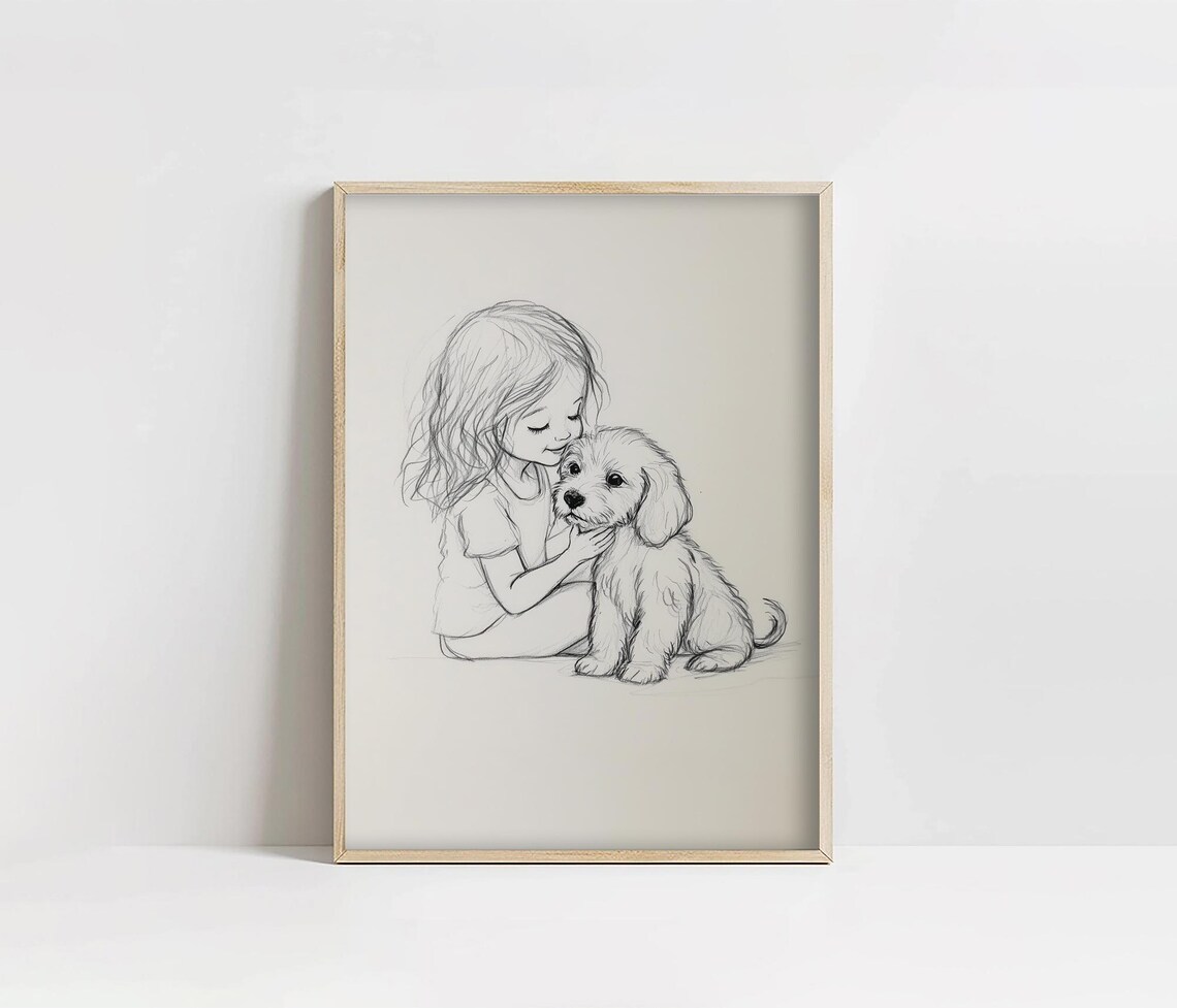 Pencil Sketch of a Little Girl Hugging a Fluffy Puppy Nursery Poster