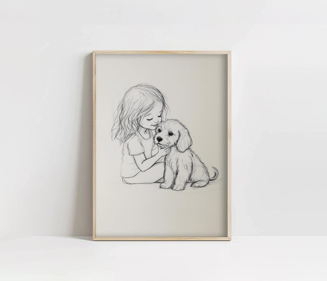 Vintage Dog Nursery Art Girl And A Goldendoodle Sketch Art Print Farmhouse Wall Decor Country Wall Art Dog Drawing Girls Room Tc06