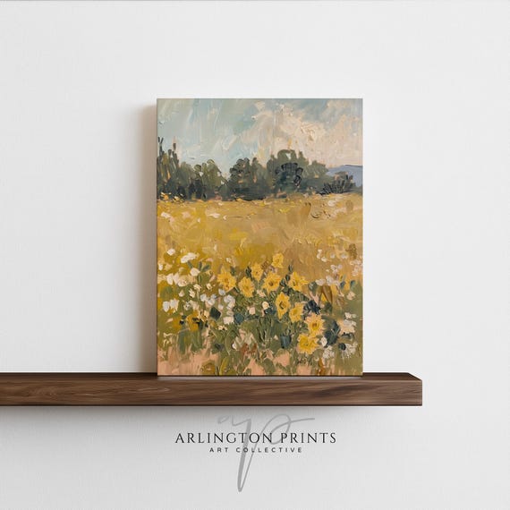 Sunflower Field Vintage Oil Painting, Farmhouse Print