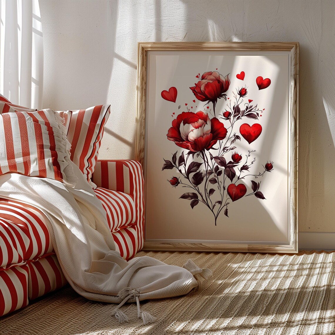 Red Roses and Hearts Bouquet Romantic Vintage Valentine Art Poster - Image 2