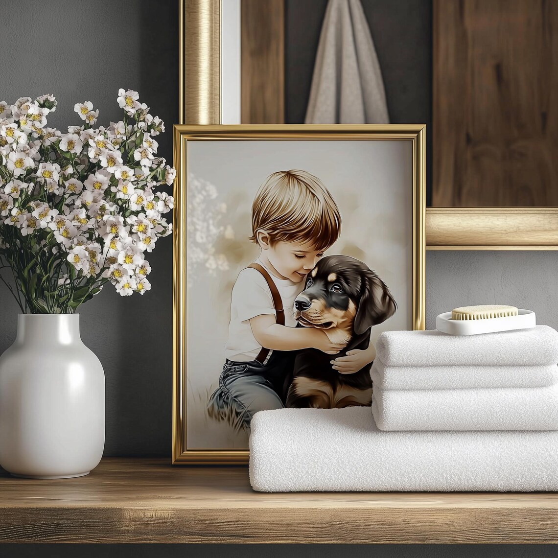 Little Boy Hugging Rottweiler Puppy Tender Nursery Painting Poster - Image 3