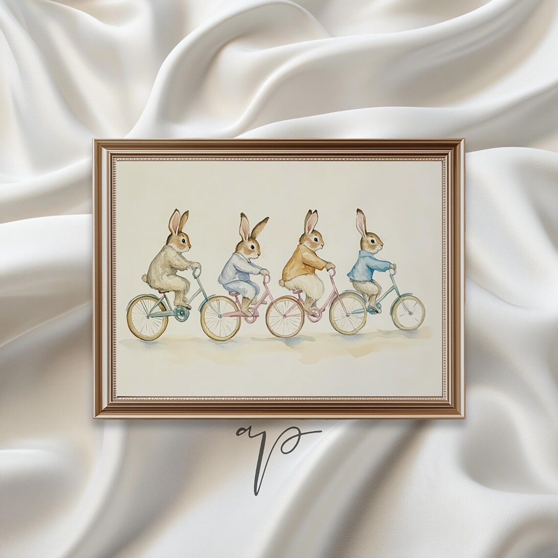 Bunnies On Bikes Drawing Vintage Nursery Art Print