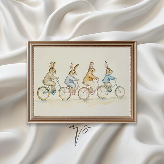 Bunnies On Bikes Drawing Vintage Nursery Art Print