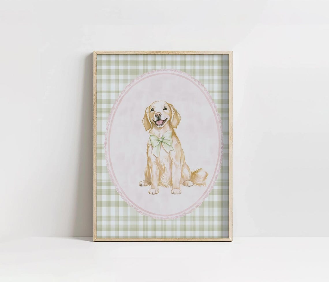 Golden Retriever Puppy Wearing Bow Gingham Nursery Art Poster