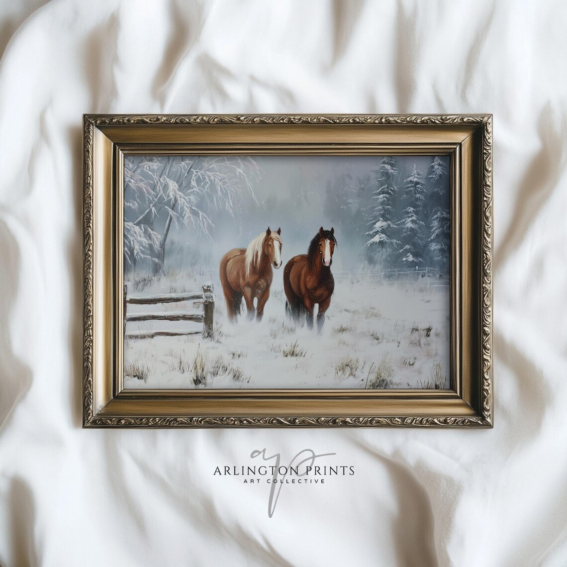 Two Chestnut Horses Snowy Winter Landscape Rustic Farm Poster