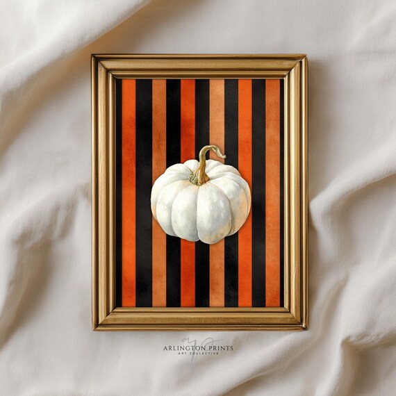 Halloween Wall Art Vintage White Pumpkin On Orange And Black Striped Background Artwork For Seasonal Decor 4055