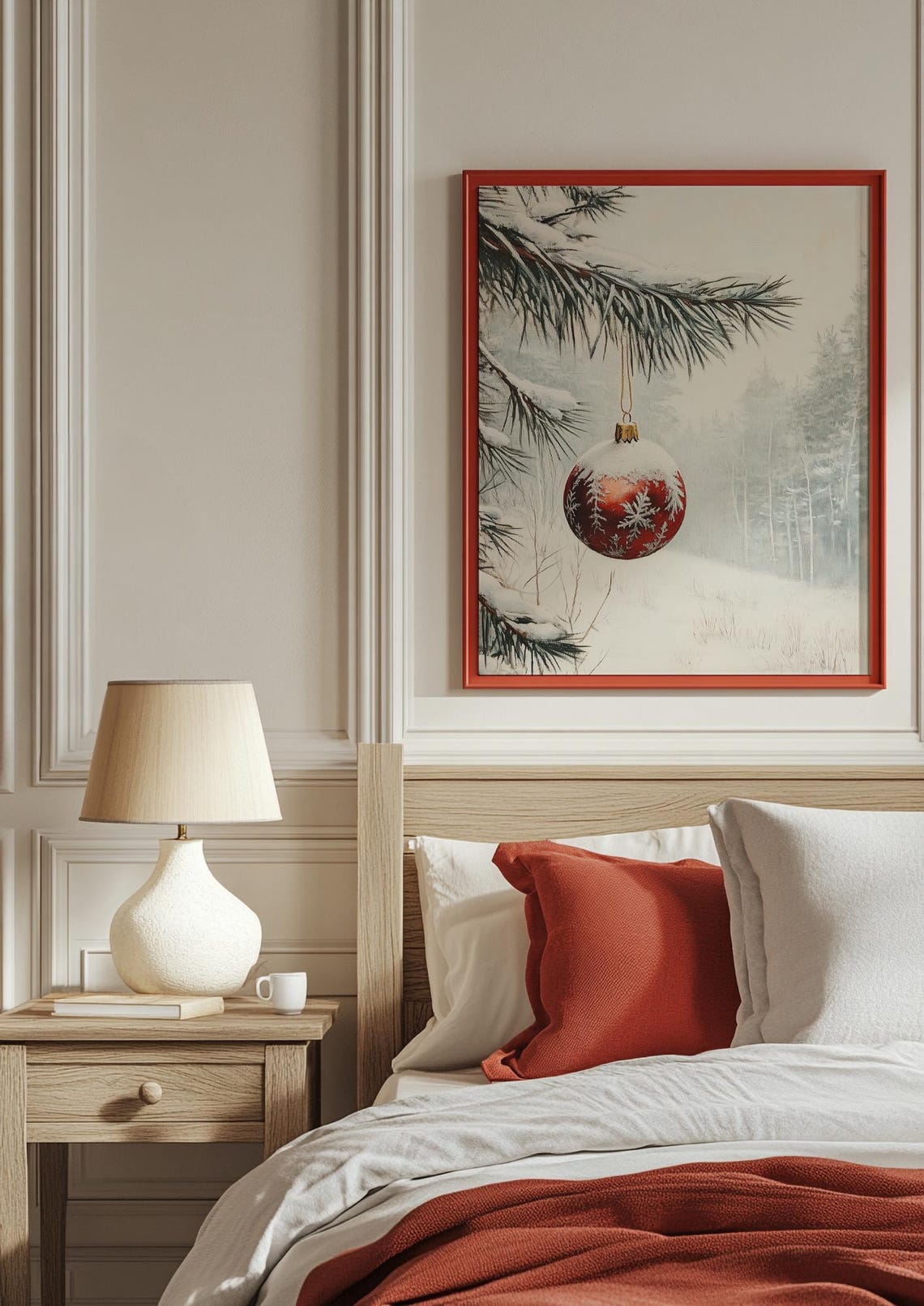 Red Glass Bauble Snowy Pine Branch Frosted Forest Winter Scene Poster - Image 2