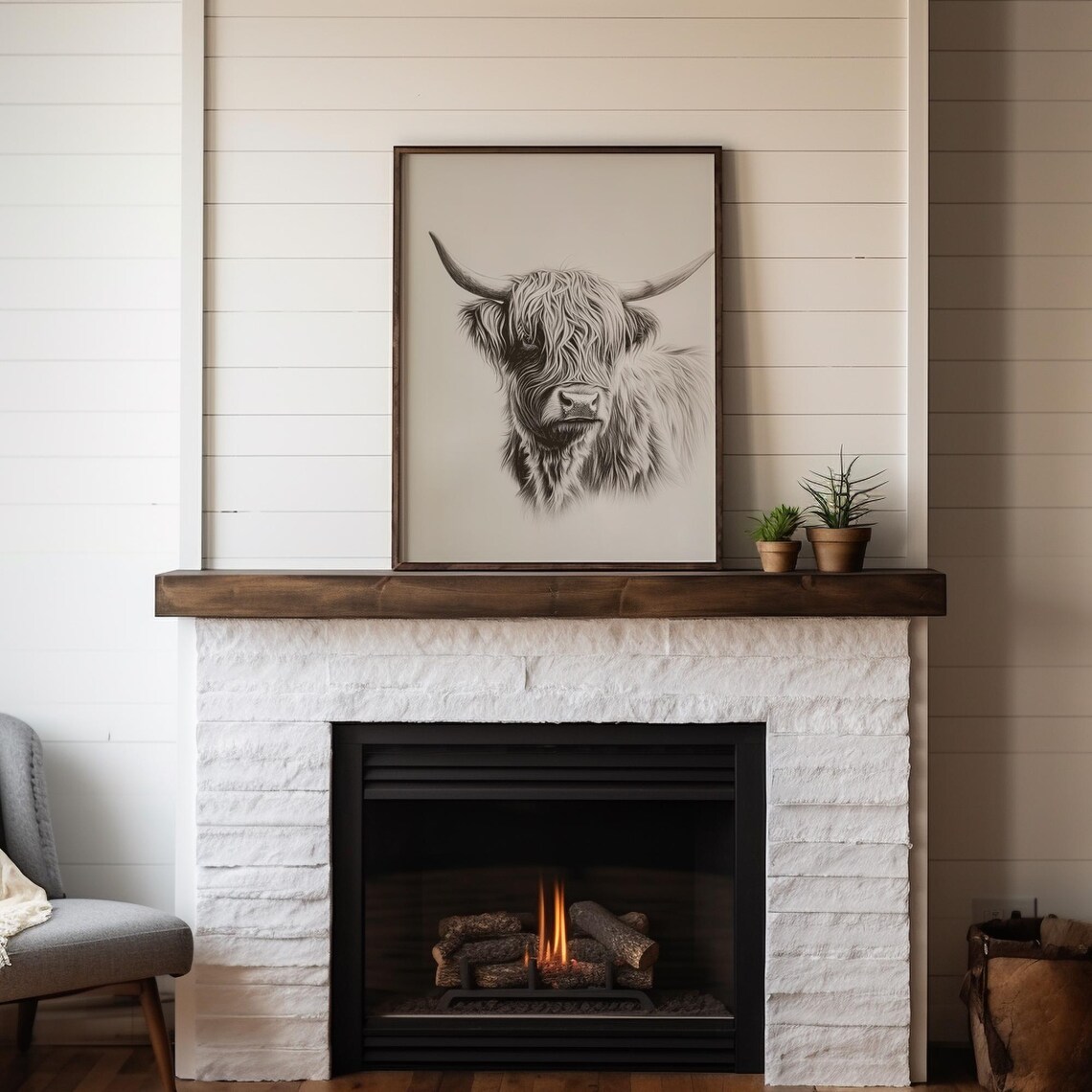 Highland Cow Portrait Pencil Sketch Neutral Farmhouse Poster - Image 2