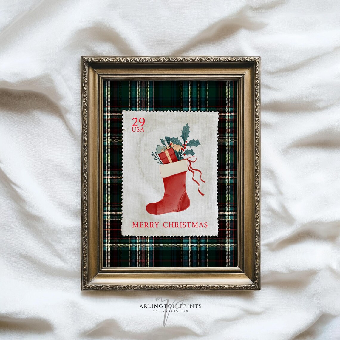 Vintage Christmas Stamp Art Print, Retro Cabin Holiday