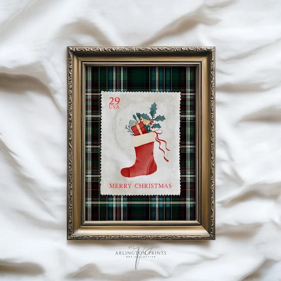 Vintage Christmas Stamp Art Print, Retro Cabin Holiday