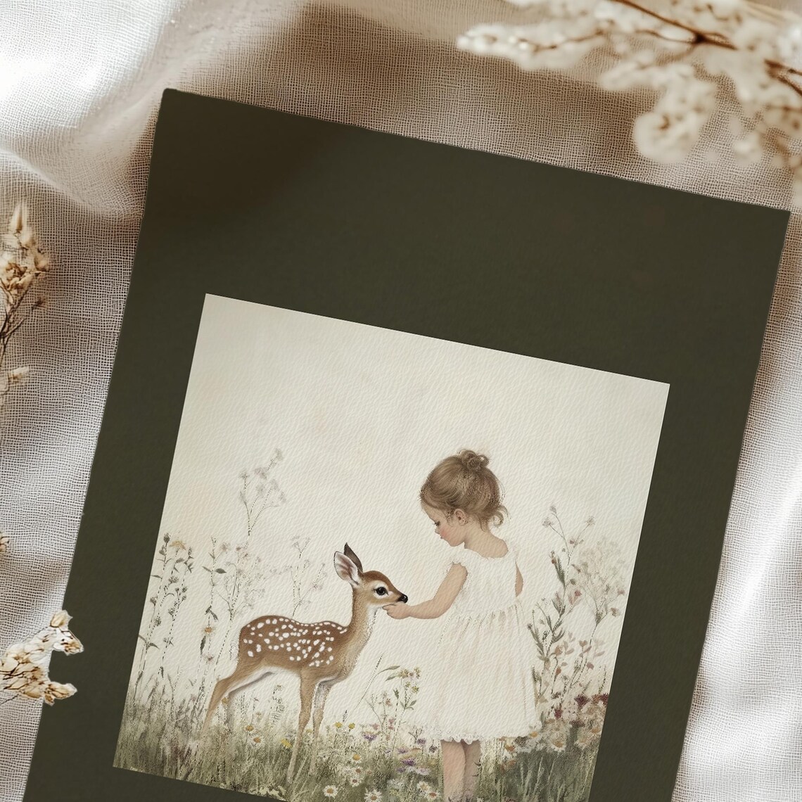 Vintage Little Girl and Fawn Art Print, Nursery Decor - Image 3