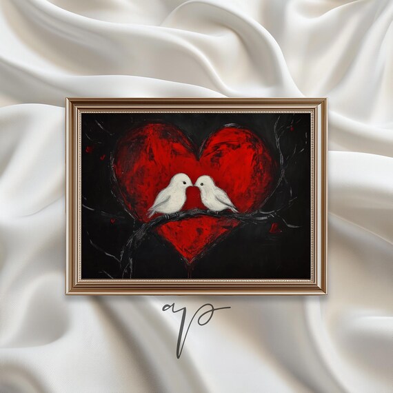 Moody Heart Love Birds Art Print Dark Valentines Day Wall Art Cottage Farmhouse Decor Dark Cottagecore Black Red Heart Print Ta30