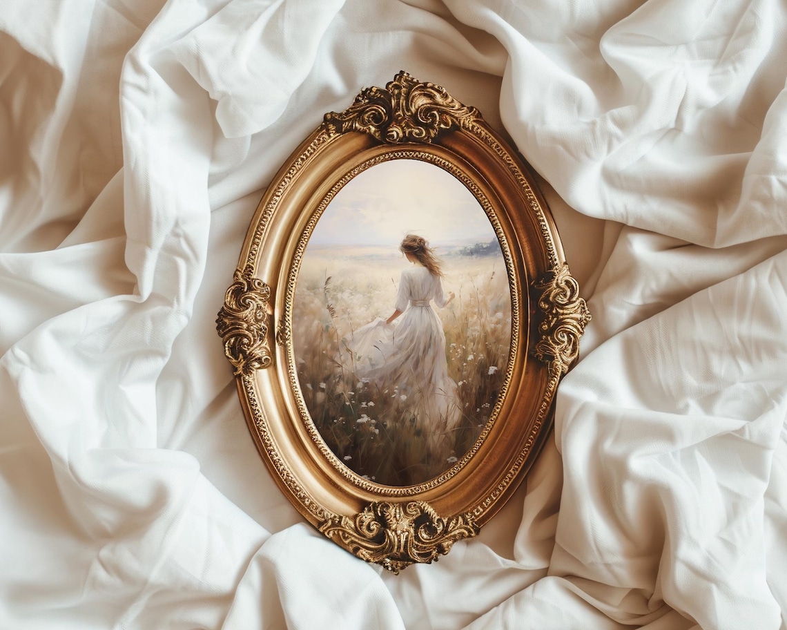 Woman in White Dress Golden Wheat Field Romantic Vintage Print