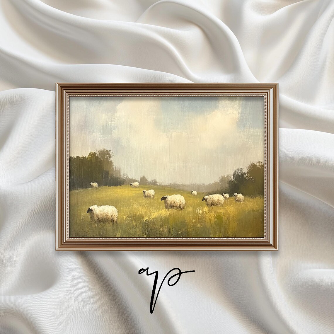 Sheep Grazing in Golden Meadow Soft Pastoral Landscape Oil Print - Image 3