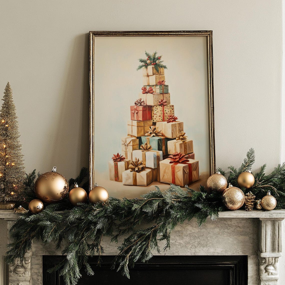 Vintage Christmas Gifts Painting Holiday Wall Art Festive Holiday Home Decor Print Traditional Christmas Presents Art Print - Image 2