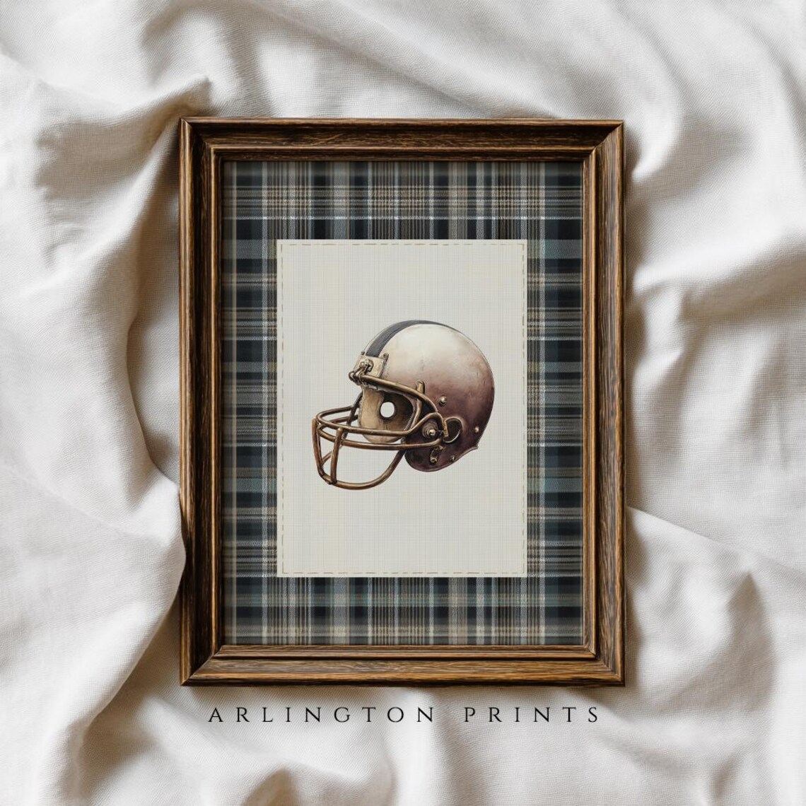 Vintage Football Helmet On Plaid Background Sports Boys Room Wall Art