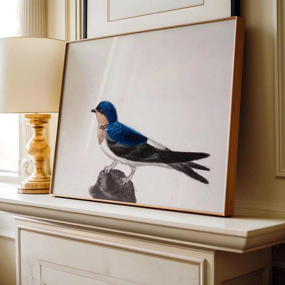 Barn Swallow Perched on Rock Blue Back Watercolor Bird Art Poster - Image 2