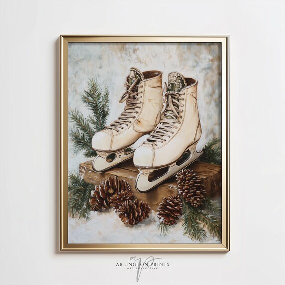 Vintage White Ice Skates Pinecones Winter Christmas Cabin Art Poster
