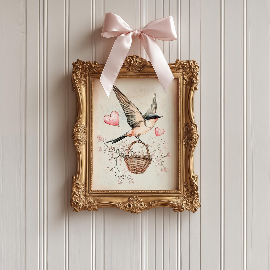 Valentine Swallow on Flower Basket Hearts Watercolor Love Poster - Image 4