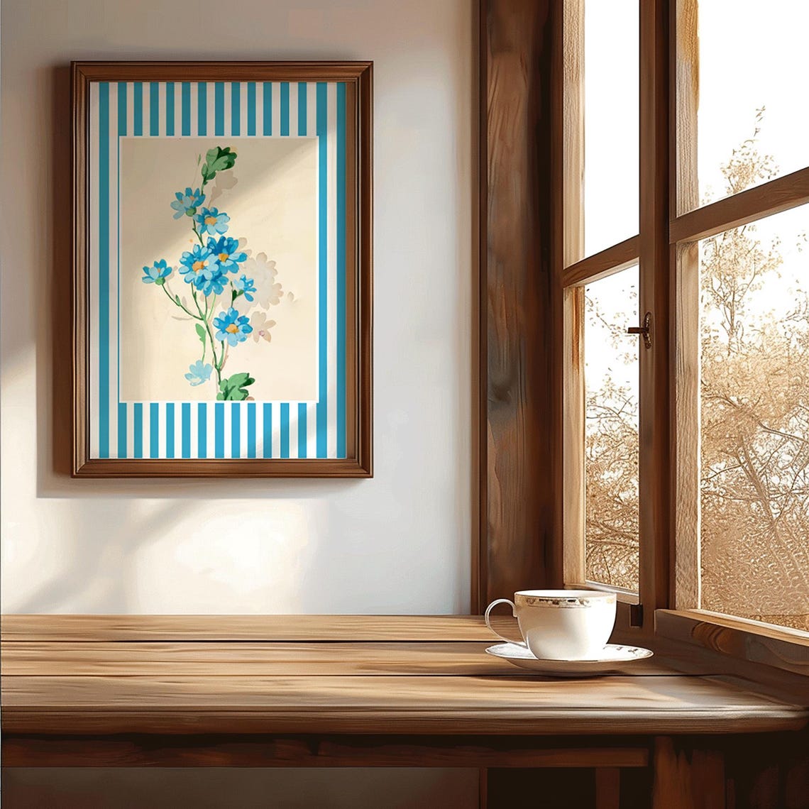 Blue Wildflower Meadow Striped Border Botanical Vintage Art Poster - Image 2